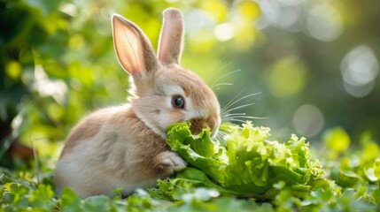 Wall Mural - A rabbit is eating a leafy green vegetable