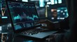 © ShinneProject - Close-up of a businessman's hand interacting with a laptop screen displaying financial data and charts.