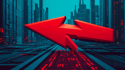 Wall Mural - Futuristic Cityscape with Red Arrow, Cyberpunk, Digital Art, Technology, Abstract Background