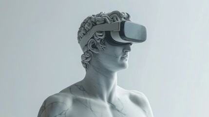 A statue of a man wearing virtual reality goggles. AI.