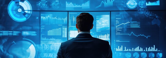 Wall Mural - Businessman looking at charts on digital display.