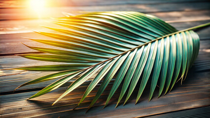 Green palm leaf on wooden background illuminated by sunlight for Easter celebrations