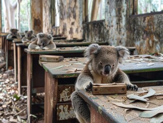 Canvas Print - Koalas in an abandoned classroom. AI.