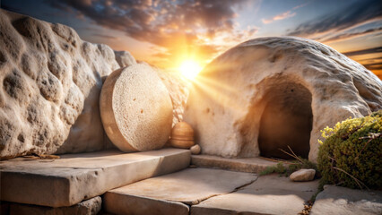 Ancient tomb with stone entrance illuminated by sunset, symbolizing resurrection and Easter
