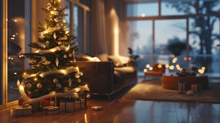 Poster - A Christmas tree is lit up in a living room with a couch and a chair
