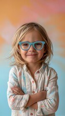 Wall Mural - A young girl wearing blue glasses smiles for the camera. AI.