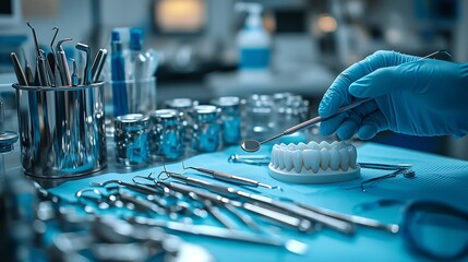 Wall Mural - Close-Up of Dental Equipment and Tools Ready for Use in a Clean, Modern Medical Clinic 清潔で近代的な医療クリニックでの使用に備えた歯科用機器とツールのクローズアップ.Generative AI