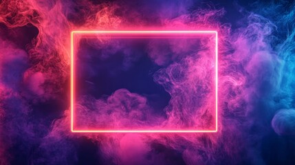 Wall Mural - Neon pink frame surrounded by colorful smoke, abstract background. Modern art and design concept