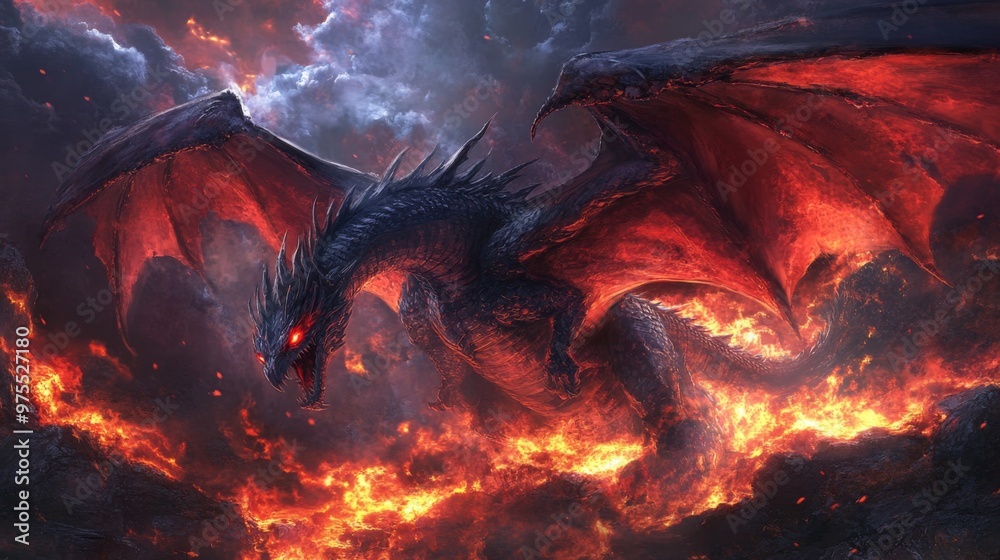 Powerful mythical creature, dragon with red eyes and dark scales amidst ...