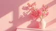© EIKOZ - a white vase with pink gerbera flowers against a soft pink background. The simplicity and elegance of the scene evoke a sense of calm and beauty, making it an ideal image for spaces that aim to promot