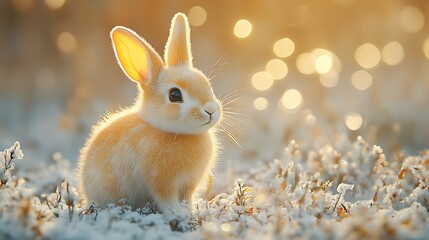 A small, fluffy bunny rabbit sits in a snowy field, bathed in the warm glow of the setting sun.