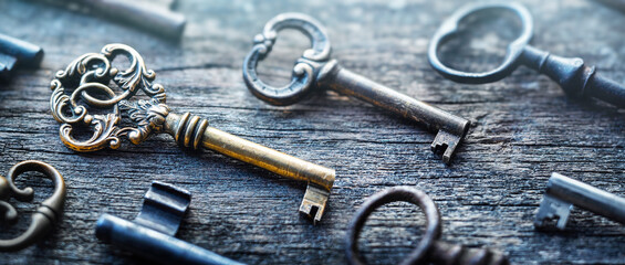 Fototapete - Old door keys lying on the table. Choose the right key. Concept on the topic of security, choice, search, etc. Retro style.