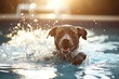 © Anton - Happy dog swimming in pool at sunset.