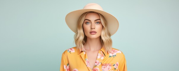 Poster - A blonde woman wearing a yellow floral shirt and a white hat