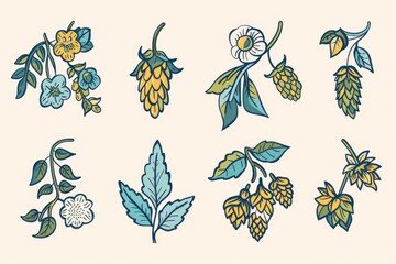 Hop cones icon, beer brewery symbol, humulus lupulus flower cones, hop plant beer manufacturing ingredient