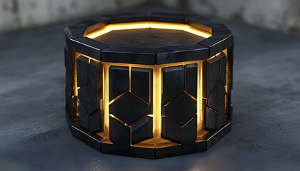 Illuminated Hexagonal Black Metal Grid with Golden Light Lines in a Luxurious 3D Geometric Industrial Design