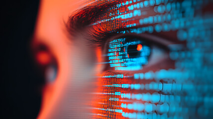 Wall Mural - Digital Eye: Abstract Concept of Human Connection to Technology with Blurred Code, Futuristic Design for Tech, AI, and Cyber Security