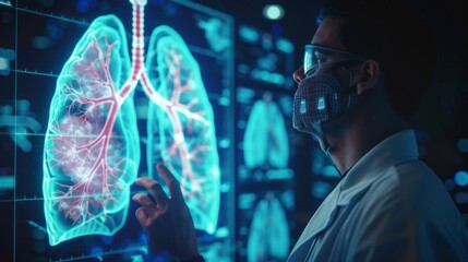 A man in a lab coat is looking at a computer screen with a lung on it