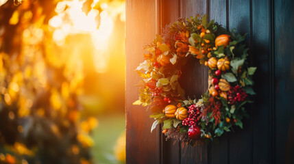 A vibrant autumn wreath adorned with pumpkins and berries hanging on a wooden door during a golden sunset in a serene garden