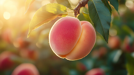 fresh ripe peach on a tree in an peach orchard, close up	