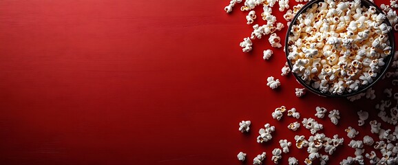 Bowl of popcorn on red background with copy space.