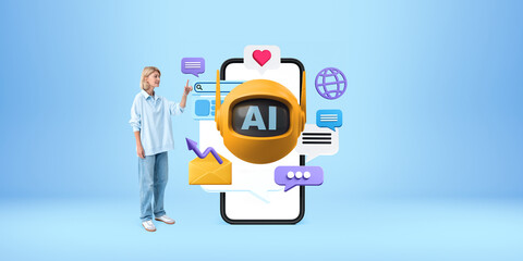 Poster - Young woman finger touch smartphone and chat bot, technology and communication