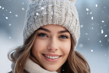 Winter fashion. Closeup portrait of beautiful young woman in knitted hat and scarf looking at camera and smiling while standing outdoors