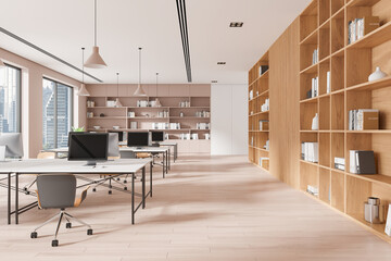 Poster - modern office interior with open space and wooden shelves. 3d rendering