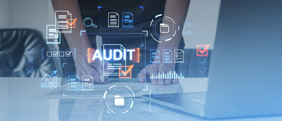 Poster - Business audit concept with digital interface on blue background.