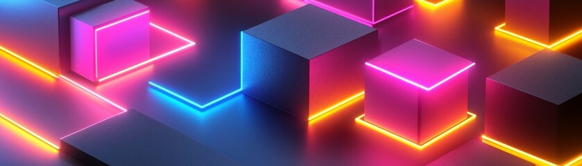 Wall Mural - Neon Lights on Geometric Shapes, 3D Rendering, abstract, minimal, modern, 3d design