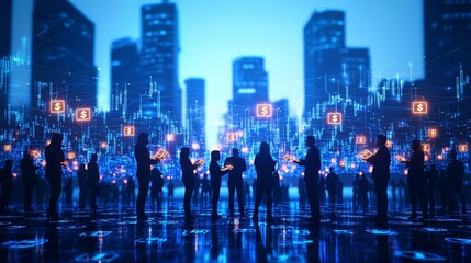 Wall Mural - Silhouettes of People in a Cityscape with a Digital Network of Dollar Signs, Digital Finance, Networked Economy, Financial Technology, Fintech, Future of Finance, Digital Currency