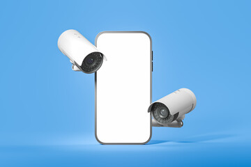 Poster - a smartphone with a blank screen is displayed with two security cameras on a blue background. the co