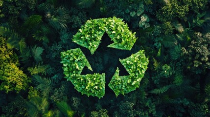 A lush green recycling symbol formed by leaves on a vibrant green plant wall.