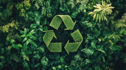 A green recycle symbol made of grass surrounded by lush greenery.