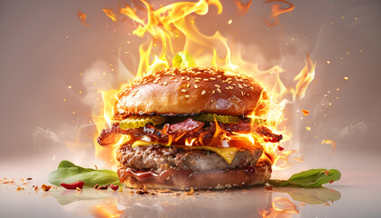 Wall Mural - hot tasty burger in fire