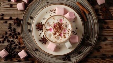 top view of cafe latte with pink marshmallow on plate surrounded by coffee beans and spices on woode