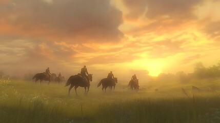 A tranquil scene of a herd of wild horses galloping across an open plain at dusk