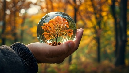 Embracing Nature: Glass Sphere with Autumn Tree Represents Environmental Conservation in a Fall Landscape