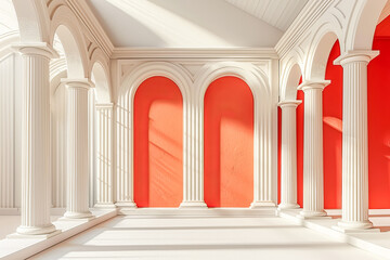 Sunlight illuminating a hall with white columns and a red wall