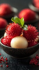 Wall Mural - Close-up of rambutan fruit in a black bowl with some lychee on top.