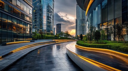 Modern Cityscape with Illuminated Pathway