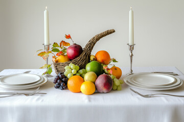 Thanksgiving cornucopia centerpiece with fruits and candles on a white table for a festive celebration