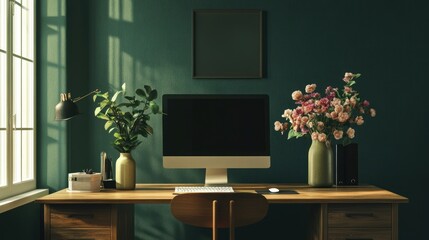 Wall Mural - Modern Home Office with Green Walls and Sunlight