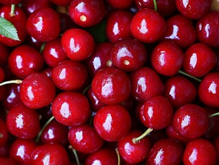 Juicy Red Cherries Close-up, Macro Photography, Shiny Fruit, Red, Summer Fruit, Food, Nature