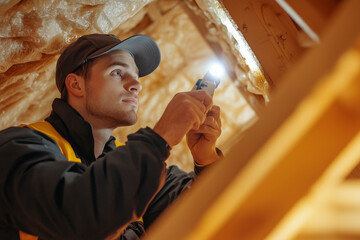 Home inspector examining an attic with a flashlight during a residential property inspection