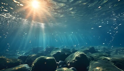 Wall Mural - Serene Underwater Scene with Sunlight Rays and Bubbles, Ideal for Relaxation and Meditation