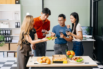 Group of Young Asian friend having, enjoy evening party together at home.