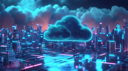 Poster - A glowing cloud symbol hovers above a futuristic cityscape, representing cloud computing and digital technology.