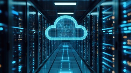 A glowing blue cloud symbol floats above a futuristic server room, representing the concept of cloud computing and data storage.