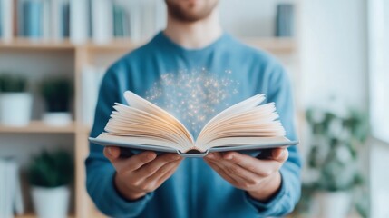 A man is holding an open book with a glowing light around it. Concept of wonder and curiosity, as if the man is about to embark on a journey of knowledge and discovery